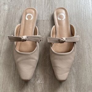 Nude Bow Slip-On Mules — Square Toe Flats